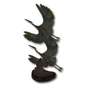 Bronze Sculpture Set of Cranes Taking Off in Flight - Mounted on Thick Wood Base